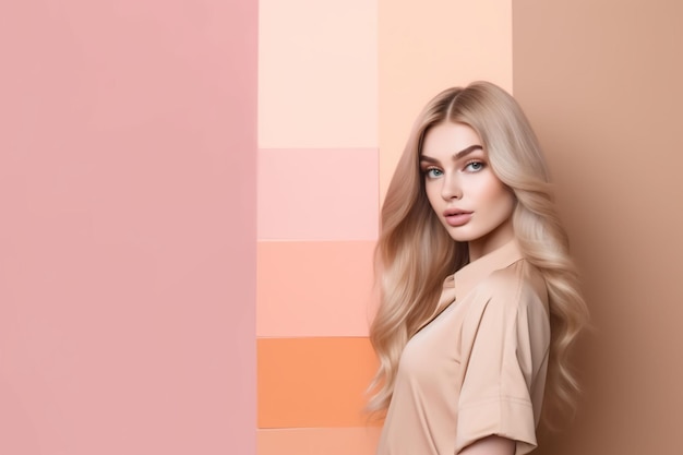 A blonde woman with long blonde hair stands in front of a pink wall with a beige color background.