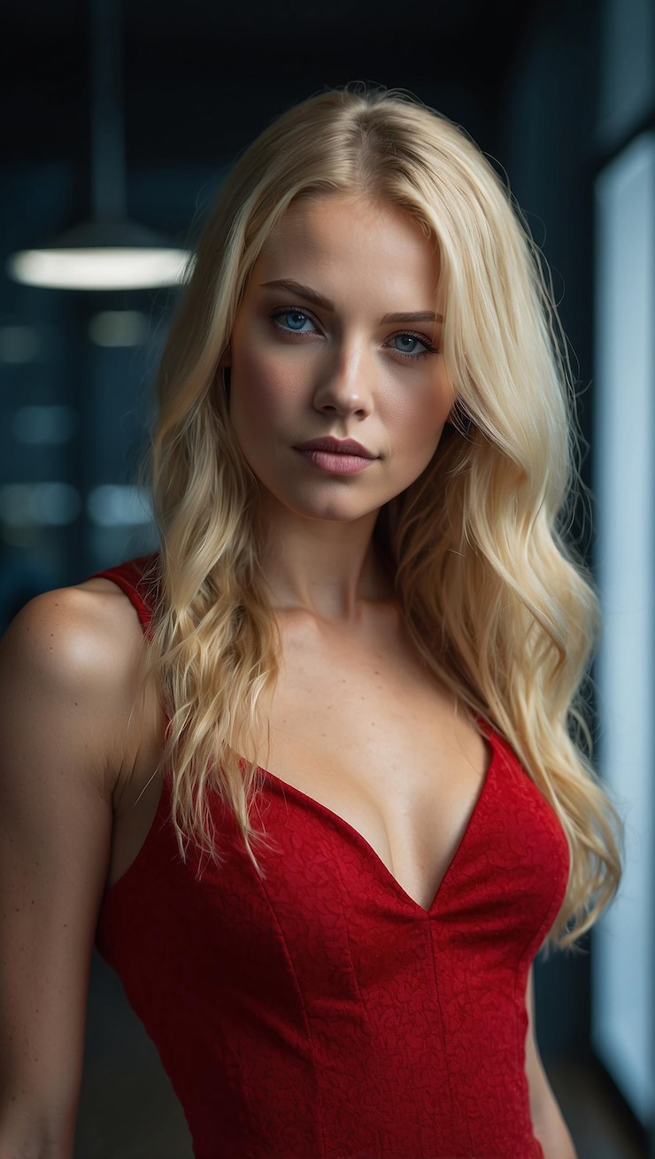 Photo blonde woman with long blonde hair wearing a red dress