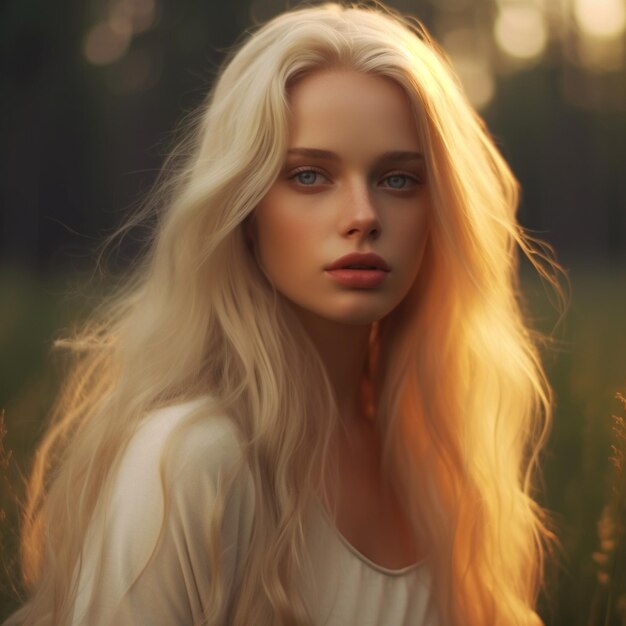 блондинка с длинными светлыми волосами и в белой рубашке