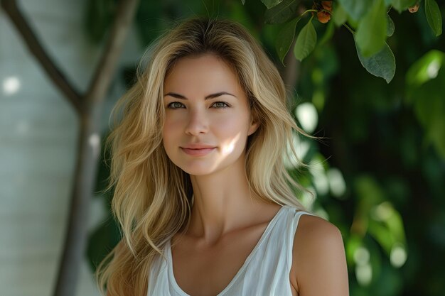 A blonde woman with long hair is smiling and standing in front of a tree