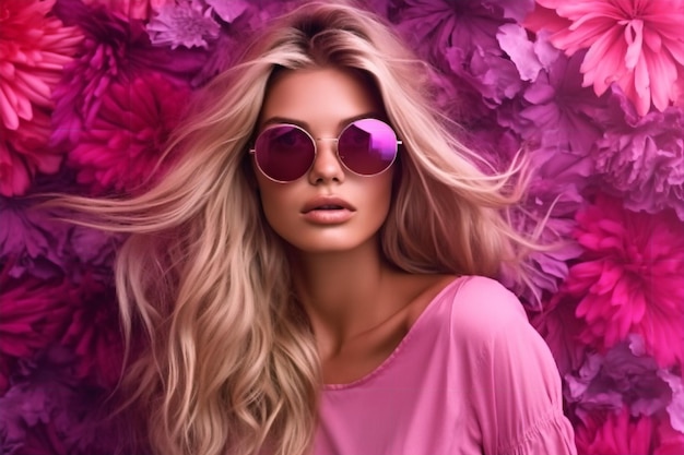 A blonde woman with a pink shirt and purple sunglasses on a pink background with purple leaves