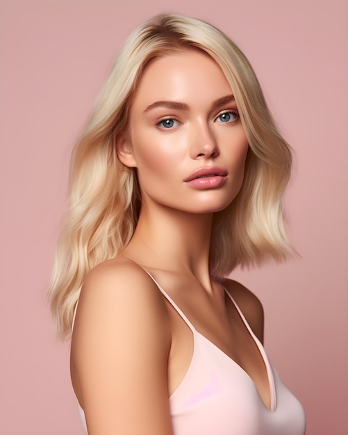 A blonde woman with a pink top