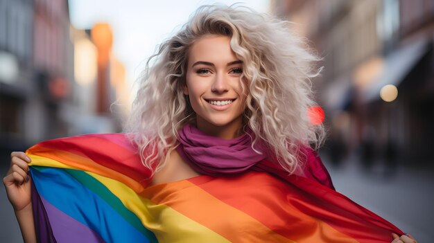 Blonde woman with a rainbow scarf on her shoulders in a city generative ai