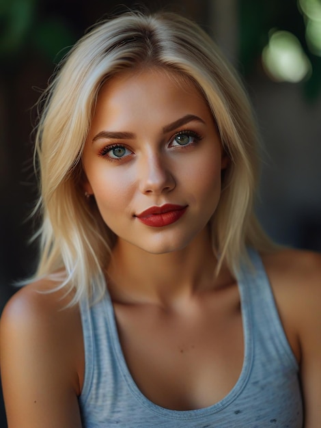 Photo a blonde woman with red lipstick and a blue shirt