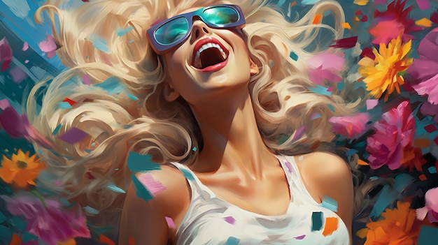 Blonde Woman with Stylish Sunglasses Poses Amidst Vibrant Floral Backdrop Exuding Joy and Happiness