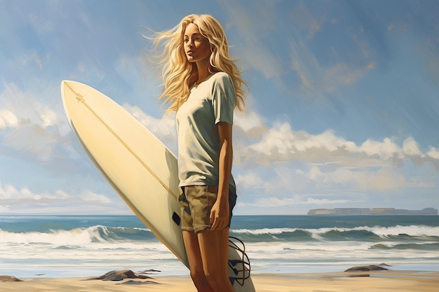 Blonde woman with surfboard on the beach