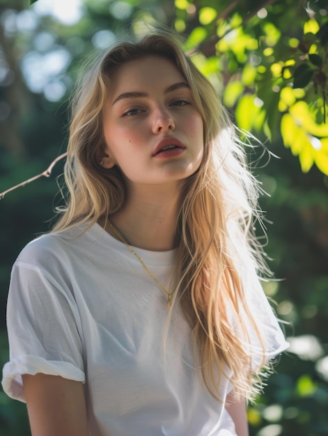 Блондинка в футболке позирует в саду