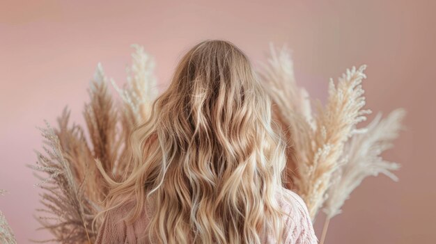 A blonde woman with wavy hair from behind