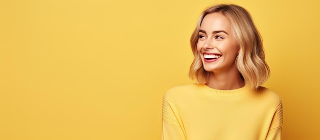 Foto donna bionda con l'espressione felice dei denti bianchi e pose casual vestite per la promozione su sfondo giallo