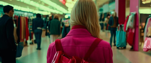 Foto una giovane donna bionda che indossa vestiti rosa e borsa che cammina su un corridoio del centro commerciale confuso