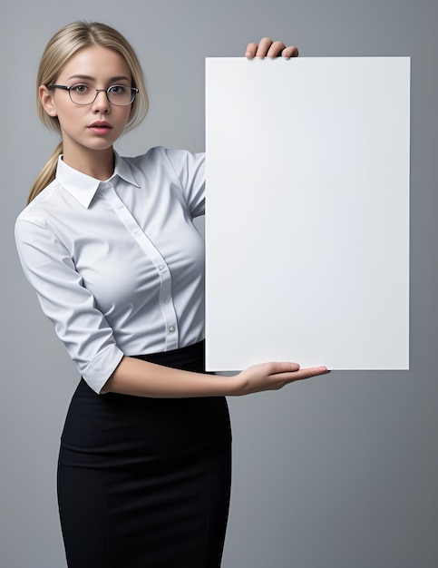 Blonde zakenvrouw draagt een bril met wit papier