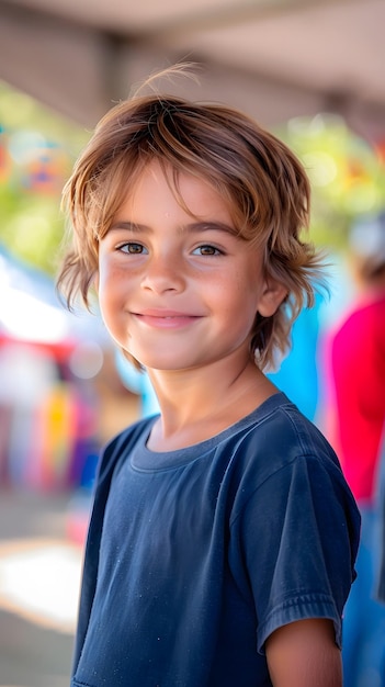 Blondhaired boy with half a head of hair smiling outdoors Concept lifestyle growing up