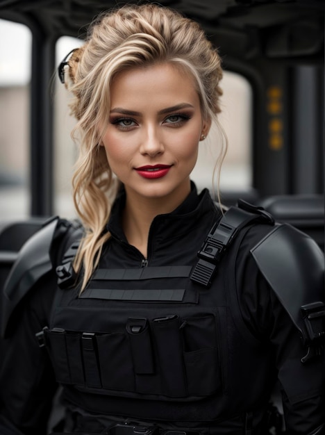 Foto blondharige russische swat-vrouw met een pistool