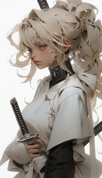 blondharige vrouw met zwaard en witte jurk met een zwaard generatieve ai