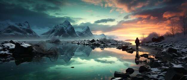 Photo blonely man standing on a frozen lake in norway