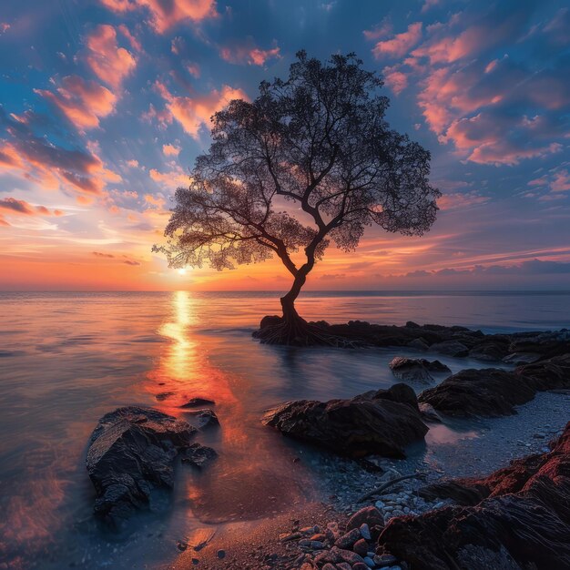 Photo blonely tree by the sea at sunset