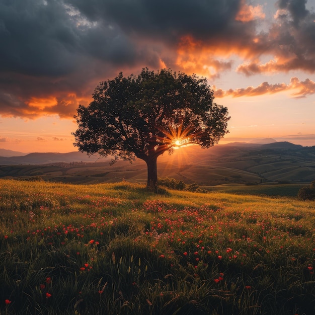 Photo blonely tree on a hill during sunset