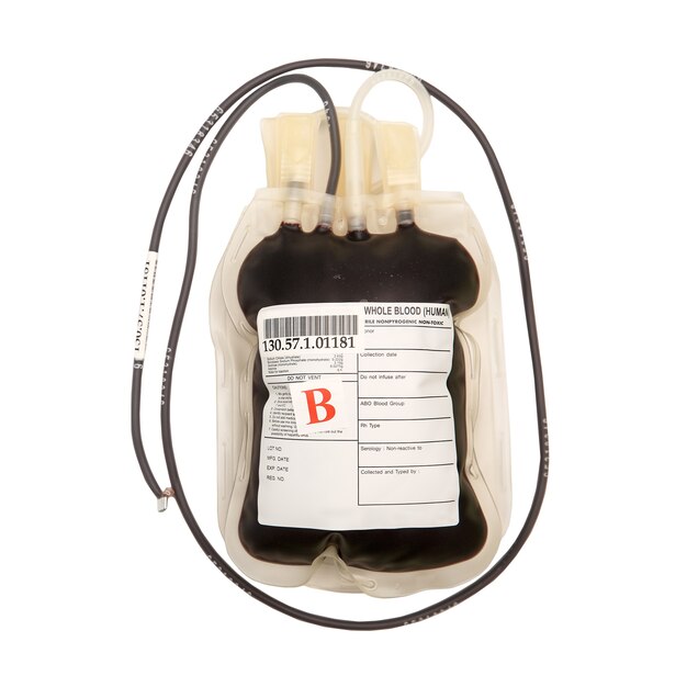 Blood bag with tube on white background