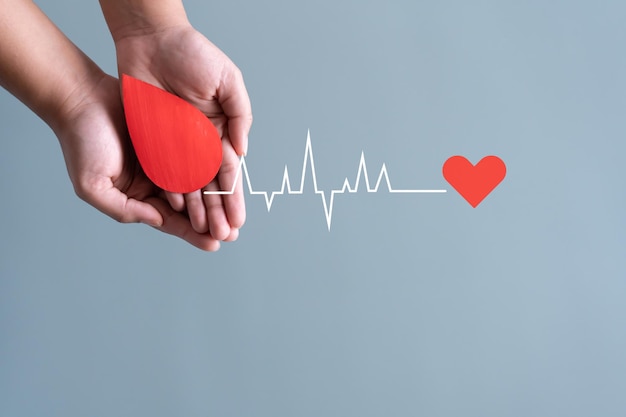 Blood donation concept Human holding blood sign connecting by heart rate