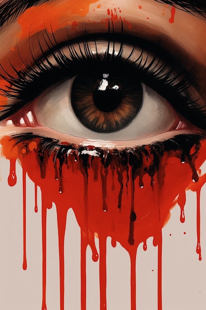 Photo blood dripping down the eye of a womans eye generative ai