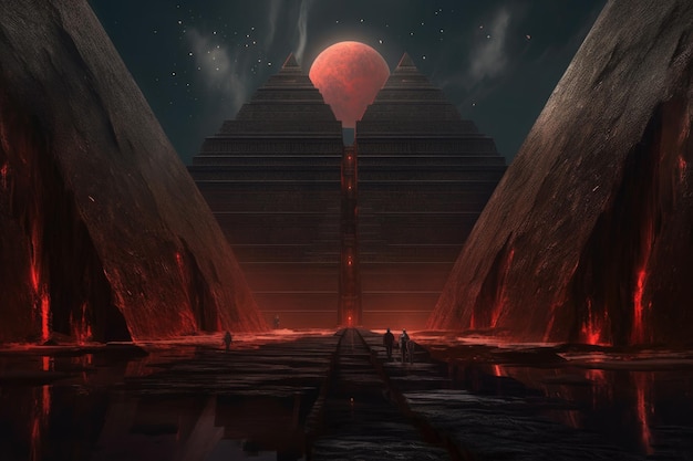 Blood moon juxtaposed with a pyramids illuminated entrance created with generative ai