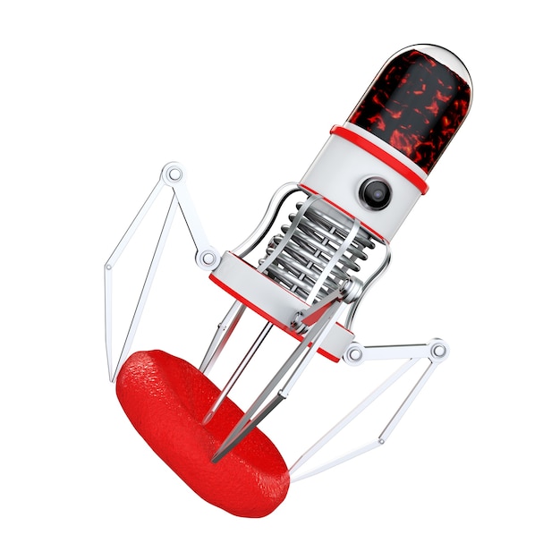 Photo blood nano robot with camera, claws and needle over blood cell on a white background. 3d rendering.