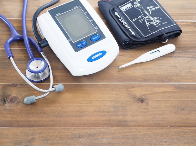 Blood Pressure Monitor, stethoscope and thermometer