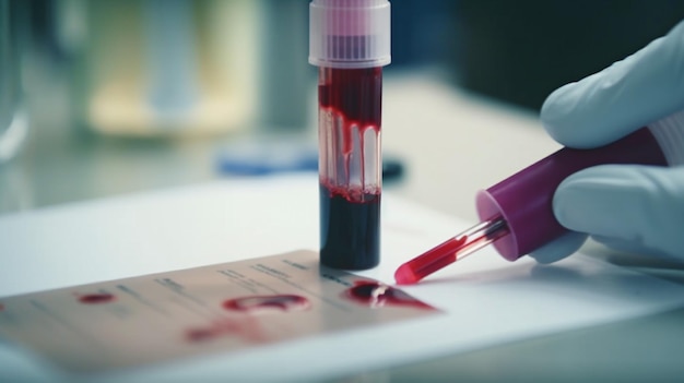 A blood sample being filled with blood from a tube.