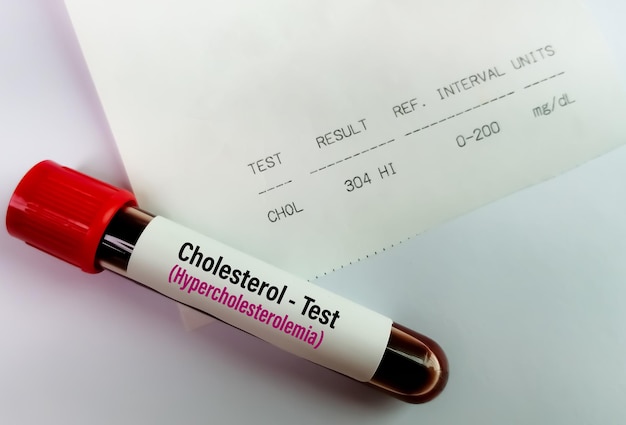 Photo blood sample with abnormal high report of cholesterol test