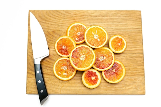 Blood Sicilian oranges on cutting board ripe fresh juicy vitamin tropic citrus fruitswinter food