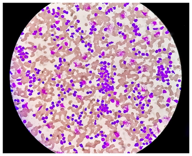 Blood smear under microscopy showing chronic lymphoblastic leukemia (CLL)