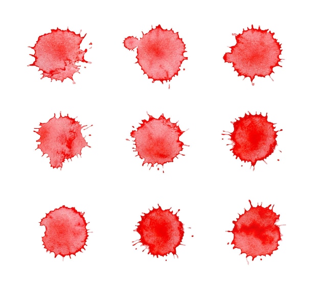 Blood splashes drops and trail isolated on white background