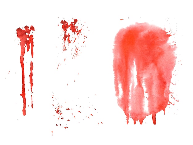 Blood splatters and stains red blots of watercolor illustration isolated on white background