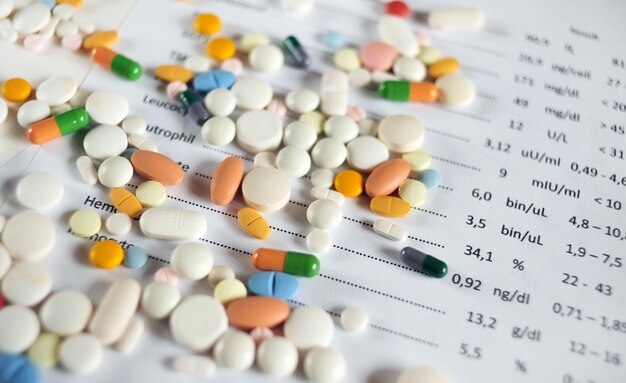 Photo blood test result and pills