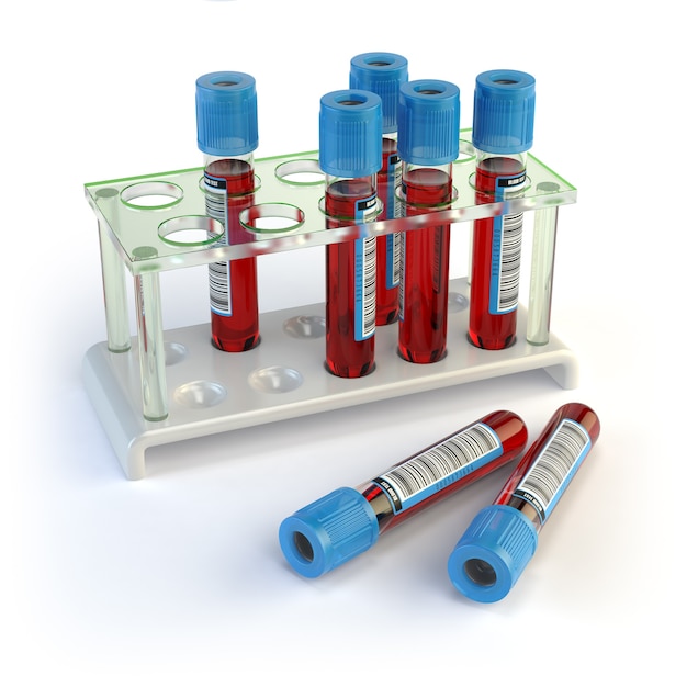 Blood test tubes. Blood samples in a rack  isolated on white. 3d illustration