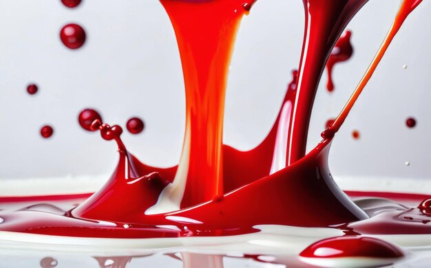 Bloodred liquid pours into milkywhite liquid forming splashes and intricate shapes