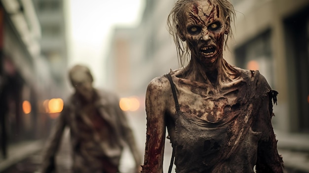Кровавожадные злые зомби атакуют на городской улице Сосредоточьтесь на жутком женском фантастическом существе в разорванной одежде с рычащим кровавым лицом