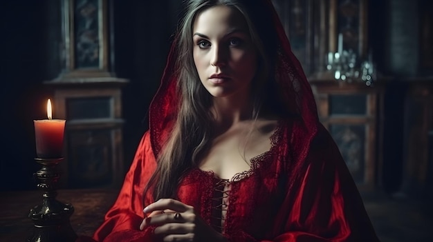 Bloodthirsty woman in a red dress medieval interior Generative AI