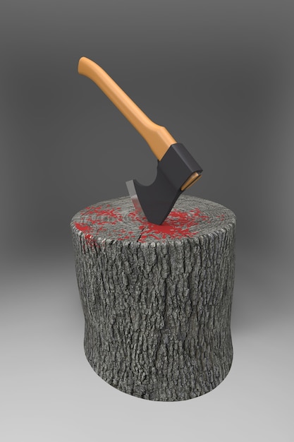 Photo bloody block with an axe. 3d illustration