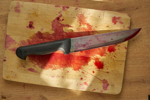 Bloody butchers knife on a wooden surface.