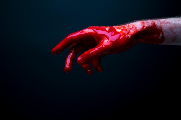 Photo bloody hand against a dark background halloween horror concept