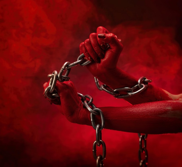 Bloody hands clenched into fists in the shackles of a metal chain symbol of slavery protest and freedom