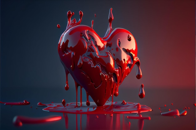 Bloody heart in burgundy color liquid drain and splash on dark backgroundAI