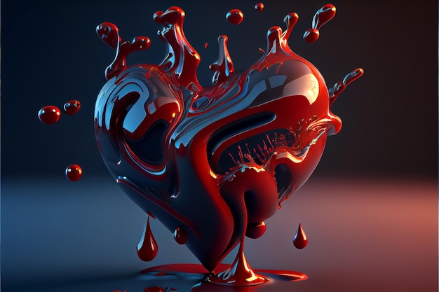 Bloody heart in burgundy color liquid drain and splash on dark backgroundAI