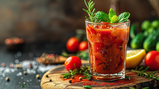 ブラッディ・マリー・ヴォッカ・トマトジュース (Bloody Marry Vodka Tomato Juice) は木製のトレイやトマトなどの他の要素とともにテキストのスペースを備えた装飾用のトマトできれいな表面に保たれています