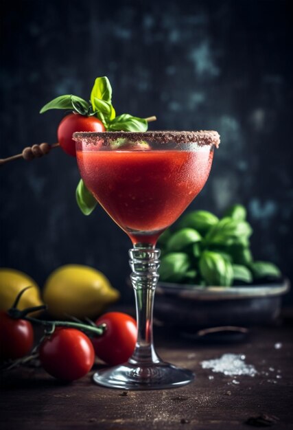 Bloody Mary cocktail op donkere stenen achtergrond Cocktail met tomaten en basilicum op rustieke achtergrond