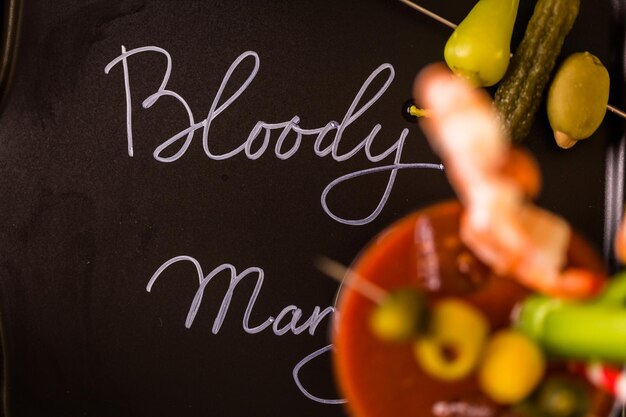 Bloody mary white sign on a black board.