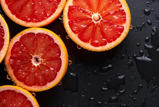 Bloody oranges cut in half on black slate board with water drops