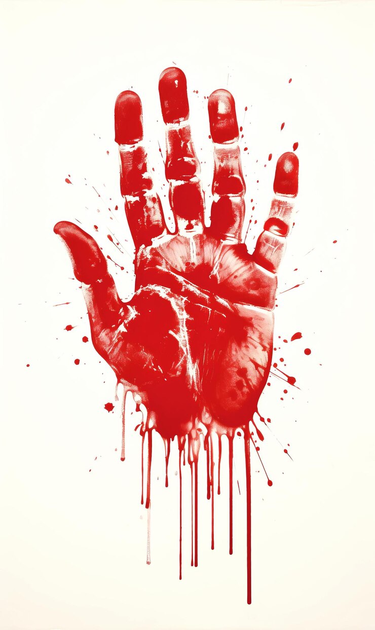 Photo bloody red hand print against a white background halloween horror illustration