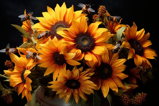 太陽の花を愛するブルーとバズミツバチ